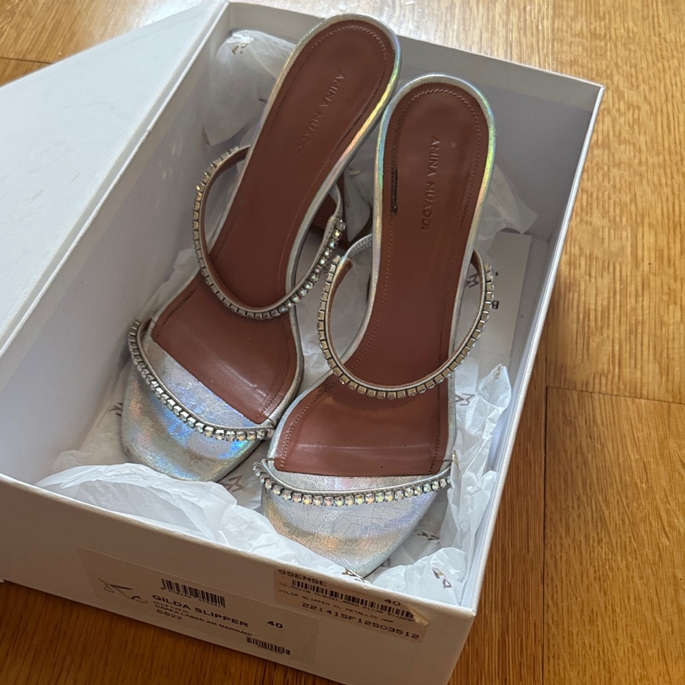 Amina Muaddi Silver Crystal Heels